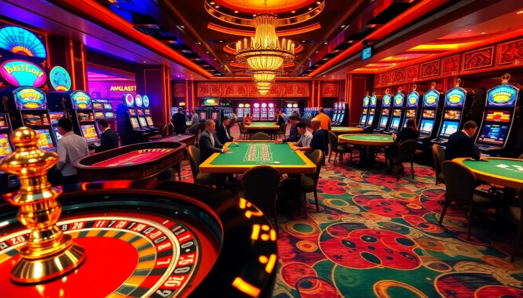 RR88 players celebrate winning at a glamorous casino with roulette, poker, and vibrant slot machines.