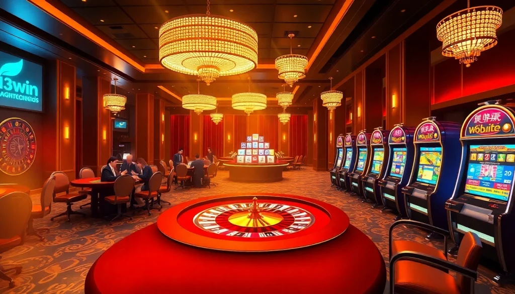 Players gambling at 13win's vibrant casino night, featuring poker and roulette excitement.