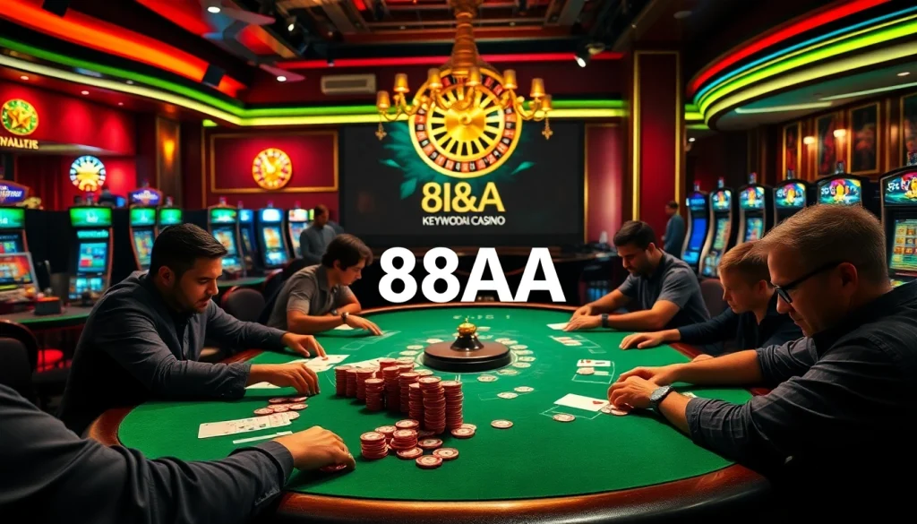 Experience the excitement of a lively poker game with 88AA branding, showcasing intense action and vibrant casino ambiance.