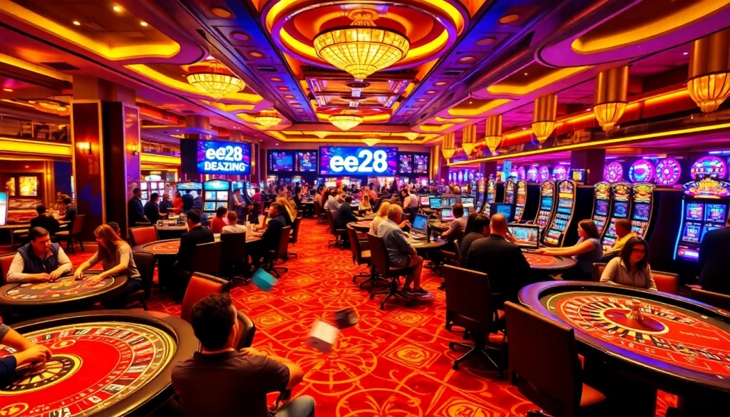 Experience the thrill of e28 in a lively casino, showcasing vibrant game tables and exciting action.