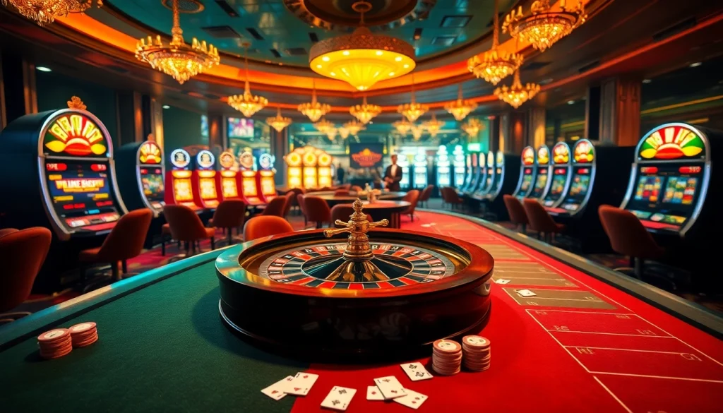 Nohu90 elegant casino scene showcasing roulette, poker tables, and glowing slot machines.