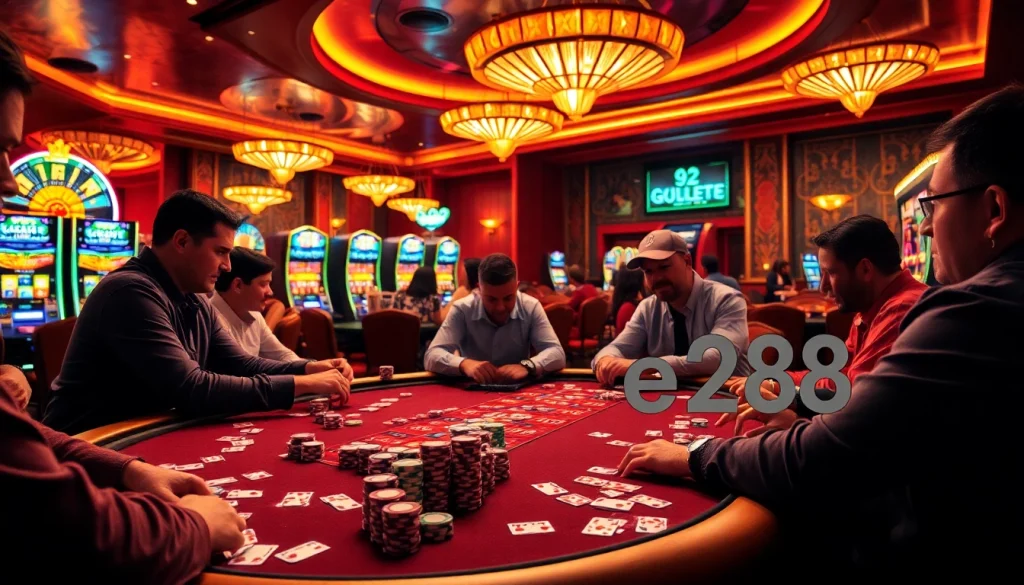 Players engaged in a high-stakes poker game at e28 casino, showcasing colorful chips and cards in a vibrant atmosphere.