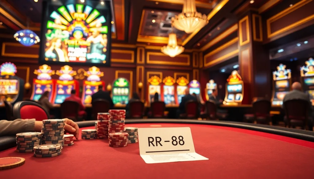 Exciting casino scene featuring players at a poker table with RR88 betting slips.