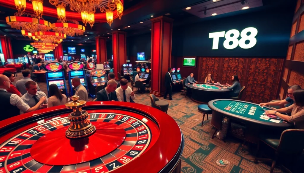 TV88 immersive casino atmosphere featuring players at roulette wheels and poker tables with vibrant colors.