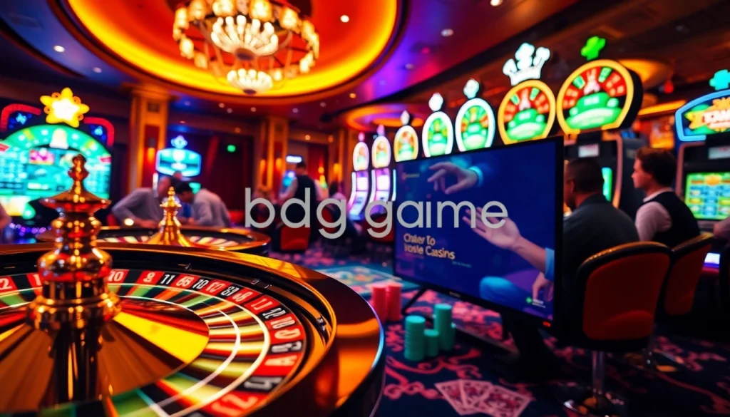"Experience the thrill of casino excitement with engaging players at the bdg game login interface amidst vibrant slots and roulette."