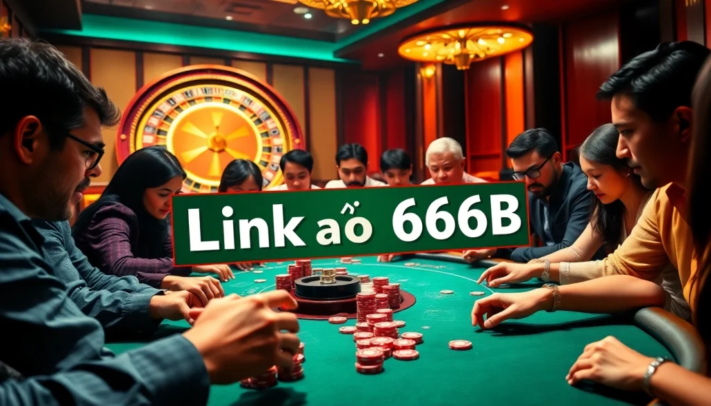 Link Vào 66B highlights an intense poker game scene with vibrant colors and focused players in a luxurious casino setting.
