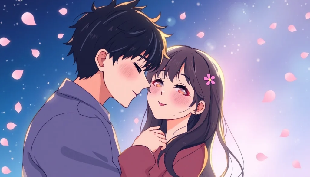 Anime sex scene showcasing a couple in a romantic moment under a starry night sky.